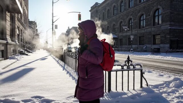  A bundled-up pedestrian in a long burgundypurple puffer coat with hood, scarf covering the face, gloves, and a red backpack walks from right to left along a snowy sidewalk beside a dark decorative ir