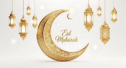 Eid Mubarak Greeting with Golden Lanterns and Crescent Moon
