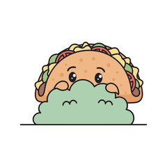 Fototapeta premium Cartoon taco character with green cloud on white background