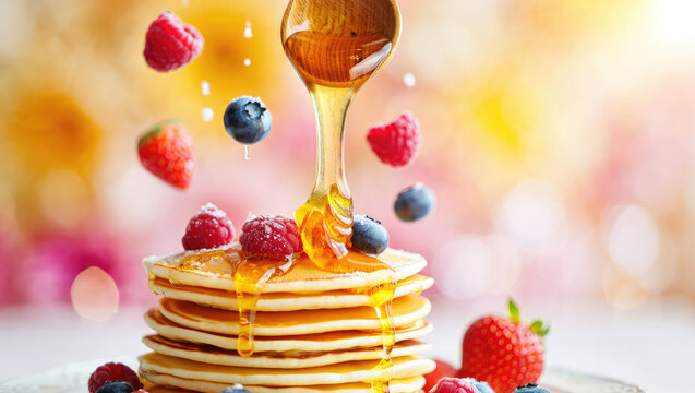 Golden honey drizzling over pancake stack with fresh berries, breakfast setting, perfect for food blogs, culinary magazines, recipe websites, restaurant promotions, menu, recipe book, promotion