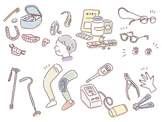 介護、看護、医療のイラスト（入れ歯、薬、杖、血圧計等）