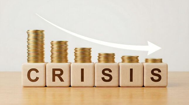 Financial Crisis Decline: Stacks of Coins on Wooden Blocks Spelling Crisis