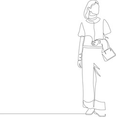 Obraz premium Continuous Line Stylish Woman Walking with Handbag. Minimalist One Line Female Fashion and Urban Lifestyle Illustration