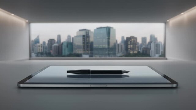 Pen Lying on Tablet With City View