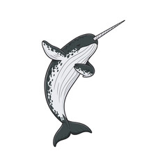 Narrwhal illustration jumping out of water with isolated white background © WASIM STOCK
