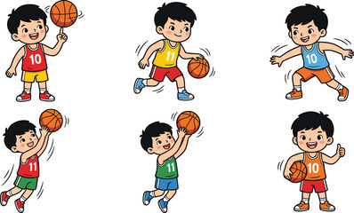 Cartoon boys playing basketball vector illustration set, dynamic sports character design with colorful uniforms, poses, and playful motifs