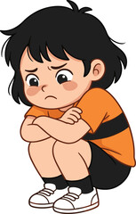 Cartoon child character icon with sad sitting pose and emotional theme for education design - colored vector illustration set