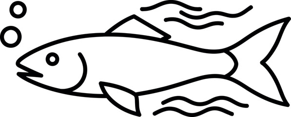 Simple line art fish swimming with bubbles and waves