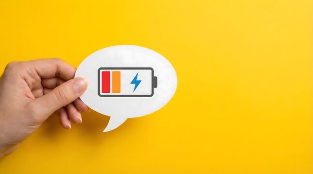 Hand holding speech bubble with battery icon symbolizing energy and power