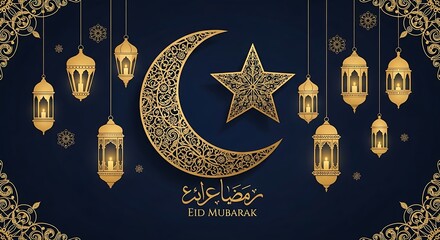 Eid Mubarak Greeting with Crescent Moon and Lanterns