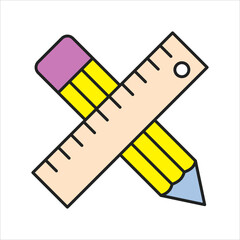 A digital illustration of a pencil, ruler, and eraser overlapping each other. isolated on white background