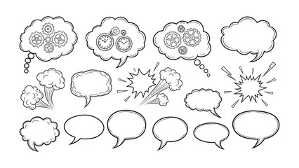 Fototapeta premium Brainstorm Bubbles: A collection of various comic-style thought and speech bubbles, with a creative mix of intricate cogwheel designs and blank space
