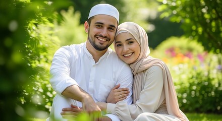 Happy Muslim couple embracing outdoors
