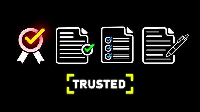 Four icons representing approval and documentation with the word TRUSTED in yellow brackets on a black background