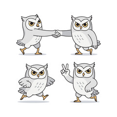 Obraz premium Cartoon owls showing friendship and peace signs in various poses