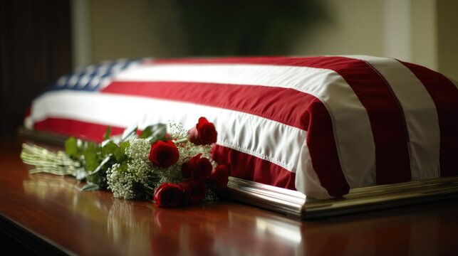 American flag draped coffin with roses honoring fallen soldier