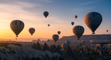 Obraz premium Silhouettes of hot air balloons floating in the sky during a soft golden dusk.