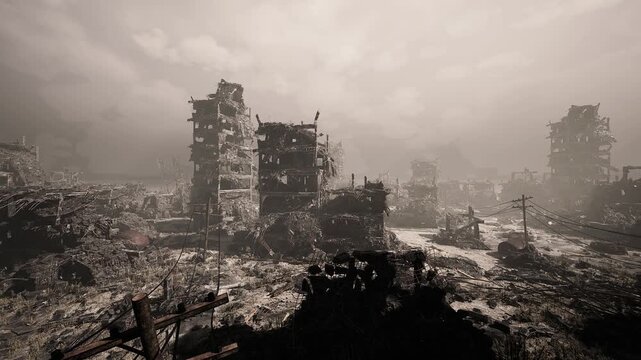 rusted industrial skeleton looms over cracked pavement, twisted girders and conveyor remnants pile amid oil stains and scattered tools, gritty salvage mood
