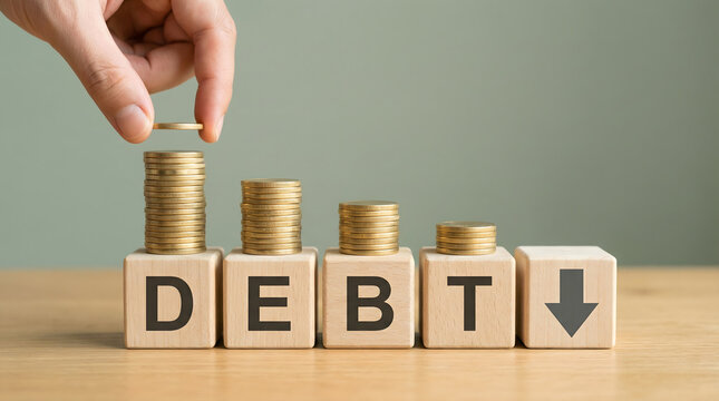 Reducing Debt: Hand adding coin to decreasing coin stacks on blocks spelling DEBT