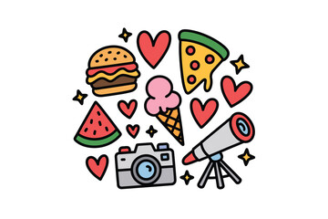 A colorful cartoon illustration of food and objects with hearts