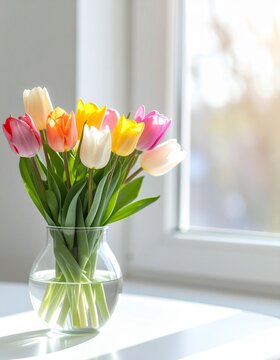 窓辺の光が差し込むガラスの花瓶に生けられたカラフルなチューリップの花束 春の明るいインテリア背景素材