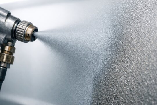 Precision Industrial Spray Coating. Close-up of a spray gun applying a fine mist of paint or protective coating to a textured surface, highlighting industrial finishing processes.