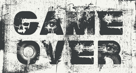 Vector lettering "Game Over" in an urban grunge font featuring human eyes and skulls. Street art. Suitable for posters, album covers, and t-shirts. © paseven