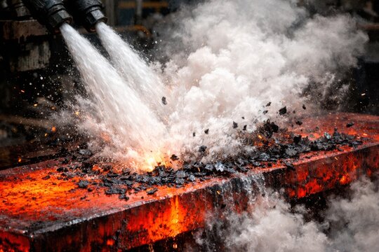Hot Steel Billet Cooling with Water Jets in Steel Mill. Glowing red-hot steel billet being cooled by high-pressure water jets in an industrial steel plant, producing dramatic steam clouds.