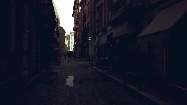 Narrow wet cobblestone alley with reflections, empty storefronts and tall brick facades, dim streetlamp glow, long puddled shadows, cinematic moody aesthetic,