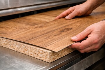 Naklejka na ściany i meble Craftsman Peeling Wood Veneer Film off Chipboard Panel Hands carefully peeling back a thin natural wood veneer laminate layer from the edge of a chipboard panel on a production workshop table.