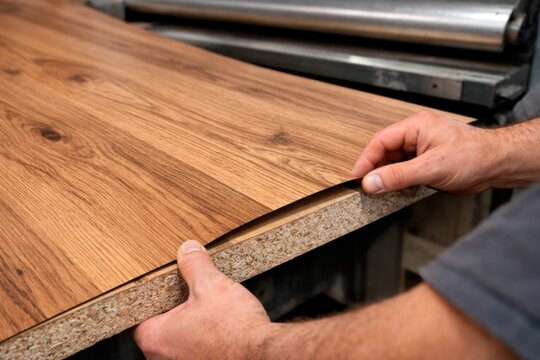 Craftsman Peeling Wood Veneer Film off Chipboard Panel
Hands carefully peeling back a thin natural wood veneer laminate layer from the edge of a chipboard panel on a production workshop table.