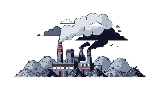 Industrial factory with tall chimneys releases dark smoke into the sky near large piles of waste or coal in a polluted area.