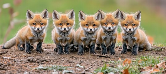 Fototapeta premium Playful Red Fox Cubs Curiously Exploring Their Forest Home in a Beautiful Natural Setting