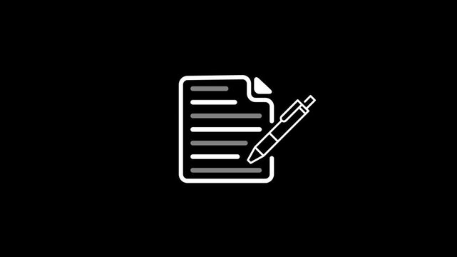 White outline icon of a document with horizontal lines and a pen on a black background paper writing