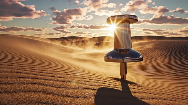 Giant pushpin in desert landscape at sunset. Unique metal pushpin stands tall among sand dunes. Captivating view captures essence of creativity and inspiration.