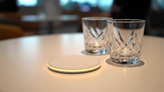 Two empty crystal glasses with coaster on white table in indoor setting.