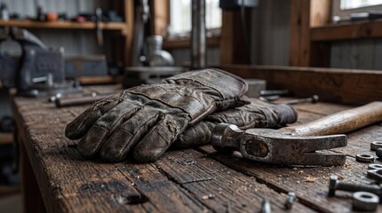 Dirty work gloves and hammer on a wooden workbench in a workshop