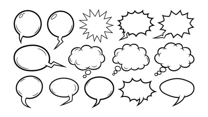 Dynamic Dialogue: A collection of various comic speech bubbles with diverse shapes and sizes, perfect for adding visual interest to graphic design, posters, and illustrations.