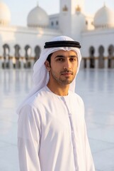Young Arab man standing at mosque courtyard during sunset  