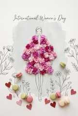 Floral illustration for International Women's Day with macarons and hearts  