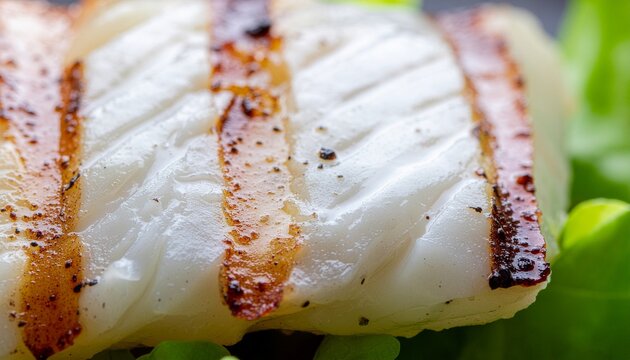 A macro close up of a grilled white fish fillet with char marks