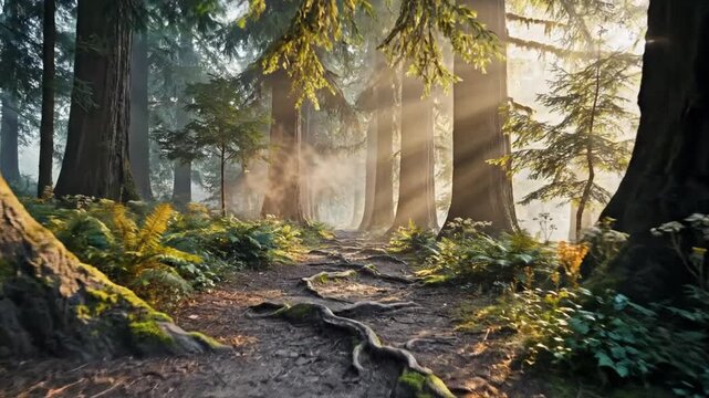 Winding forest path through towering ancient trees with dappled sunlight