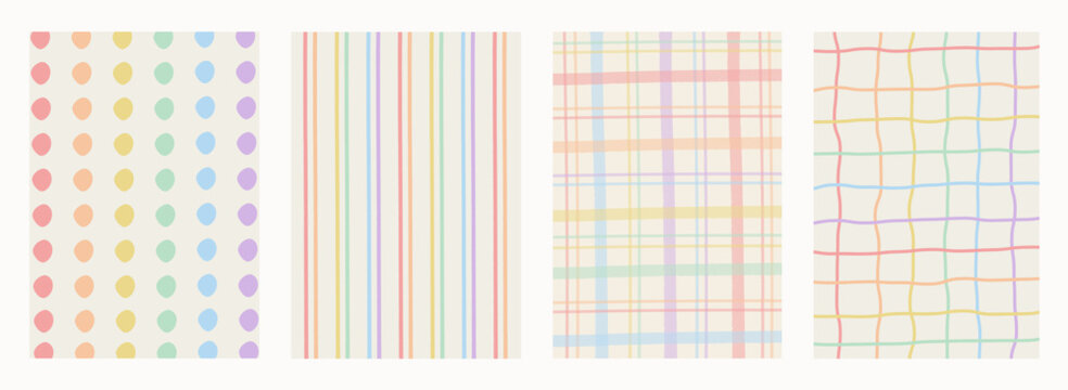 Retro vintage rainbow pride pattern set. Funky wavy psychedelic stripes, plaid and grid backgrounds. Pastel textured LGBTQ queer graphic wallpaper collection for posters, prints and decor.