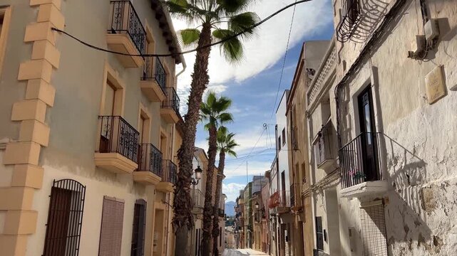 Calle antigua del casco hist&oacute;rico de Teulada con palmeras