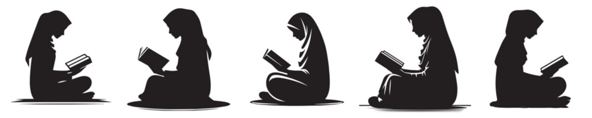 vector silhouette of a Muslim woman sitting reading the Quran side view