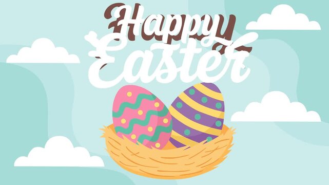 Bright Easter eggs in a straw nest with Happy Easter lettering against soft pastel sky and clouds. Cheerful spring holiday theme ideal for greeting videos, seasonal promotions and celebrations.