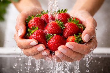 Young man washing fresh strawberries under running water, healthy lifestyle concept, close-up.