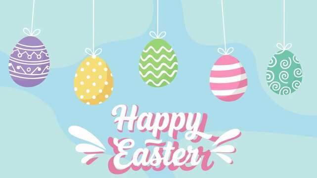 Charming Happy Easter footage with colorful hanging eggs, soft pastel background, and playful floral accents. Ideal for spring greetings, holiday promos, church events