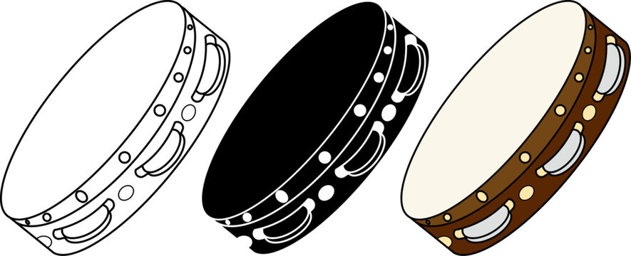 tambourine icon set.percussion instruments  in outline, silhouette and brown colored style. Vector illustration