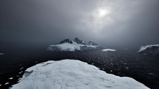 foreground ice shelf framing distant island. textured ice edge leading eye toward misty rocky peak, rippling dark sea with scattered floes, subtle sunbeam